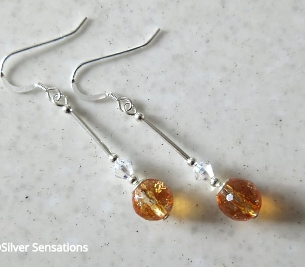Faceted Orange Quartz Sterling Silver Earrings With Swarovski Crystals, 