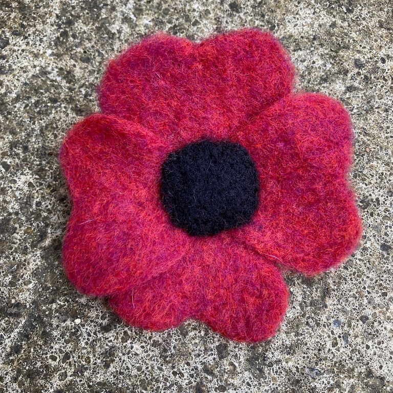 Hand felted large red flower brooch