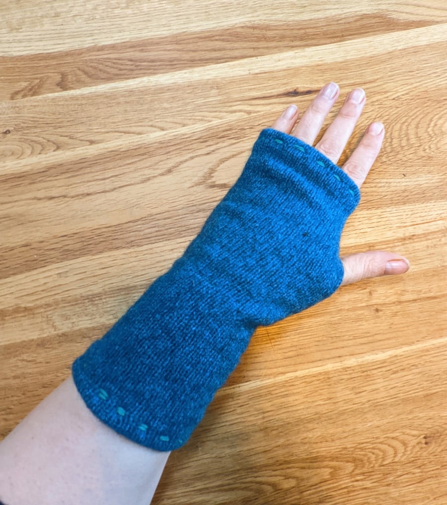 Teal Wrist Warmers Upcycled from Wool Mix Jumper 