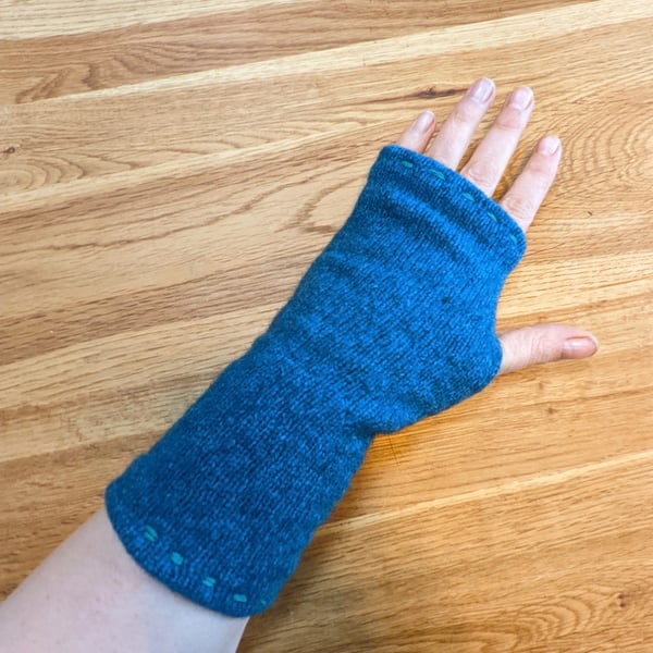 Teal Wrist Warmers Upcycled from Wool Mix Jumper 