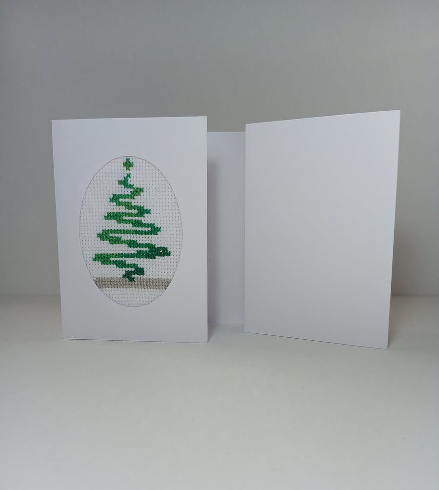 Green Christmas Tree Cross-Stitch Card - Festive Handmade Holiday Greeting