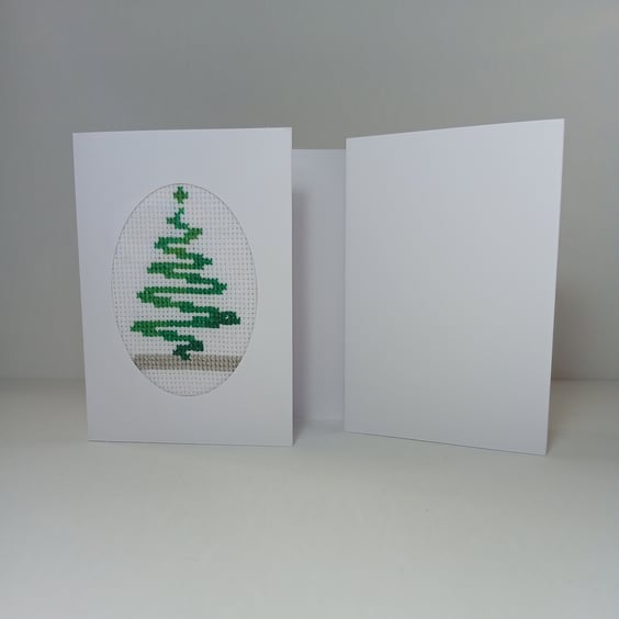 Green Christmas Tree Cross-Stitch Card - Festive Handmade Holiday Greeting