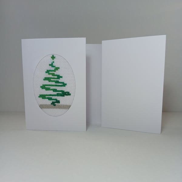 Green Christmas Tree Cross-Stitch Card - Festive Handmade Holiday Greeting