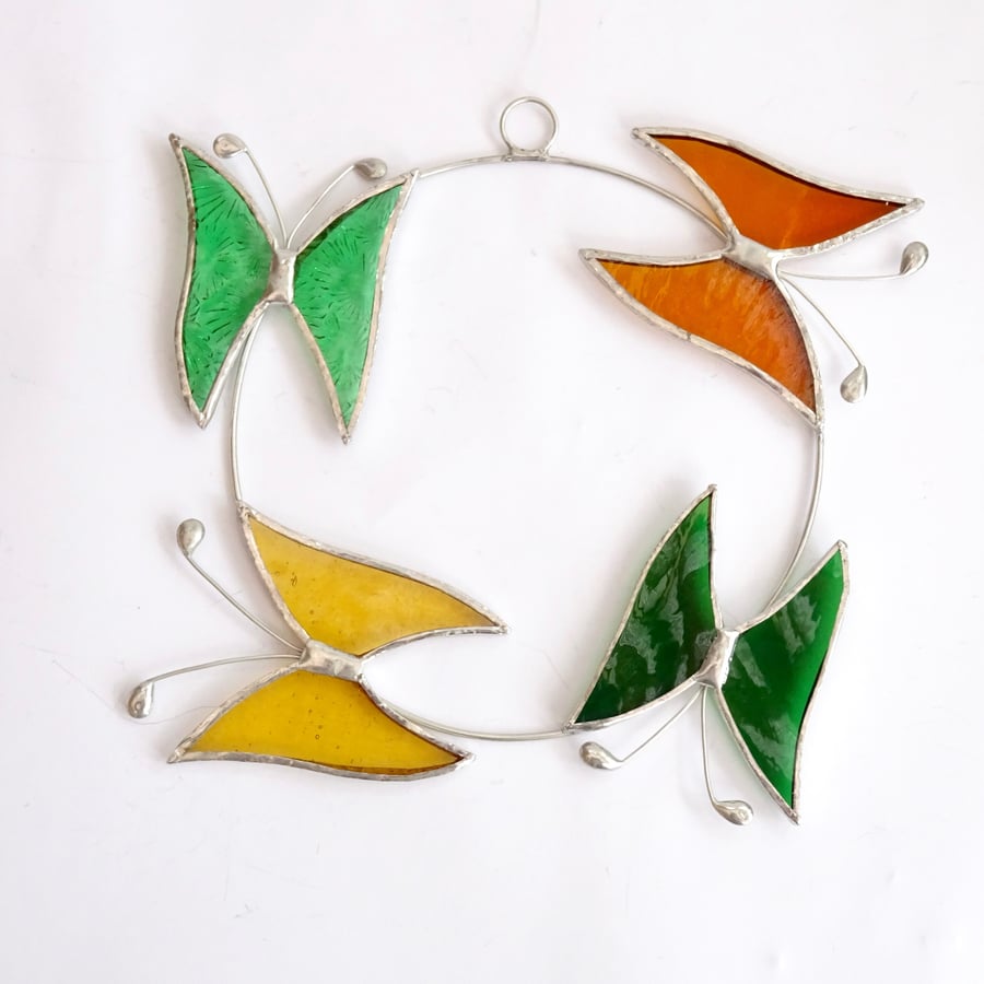 Small Butterfly Circle  Suncatcher - Handmade Decoration - Green and Amber