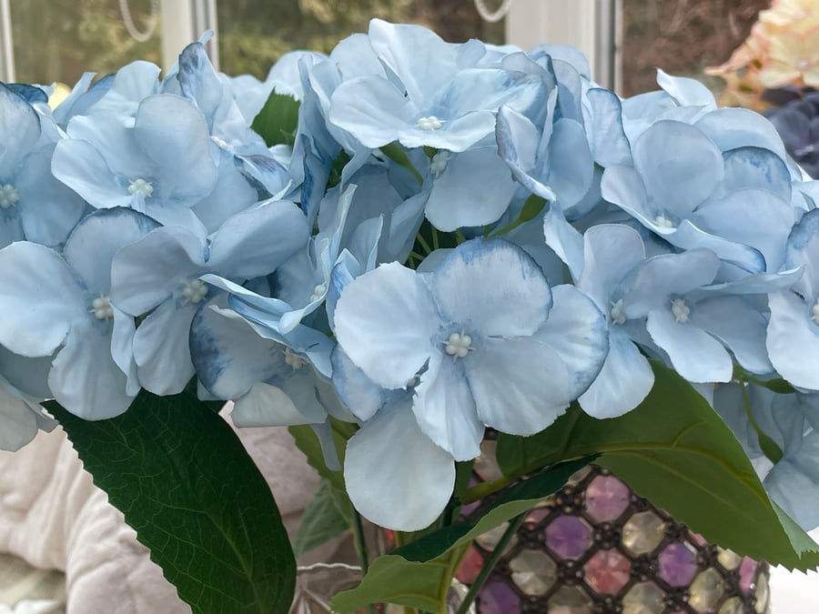 Pale blue handcrafted fabric hydrangea stem