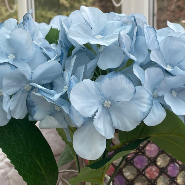  Pale blue handcrafted fabric hydrangea stem