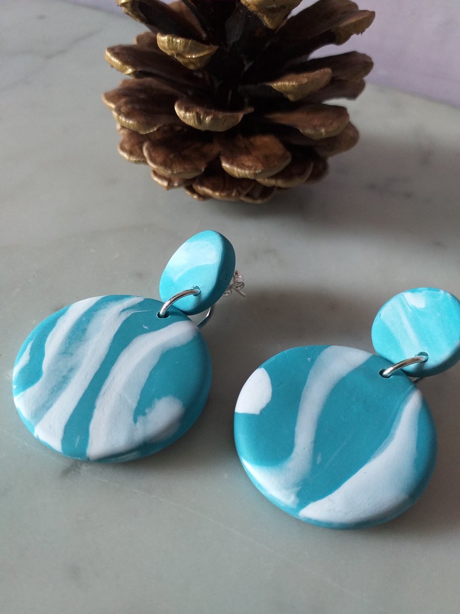 TURQUOISE AND WHITE DANGLE  POLYMER CLAY EARRINGS - - FREE UK POSTAGE