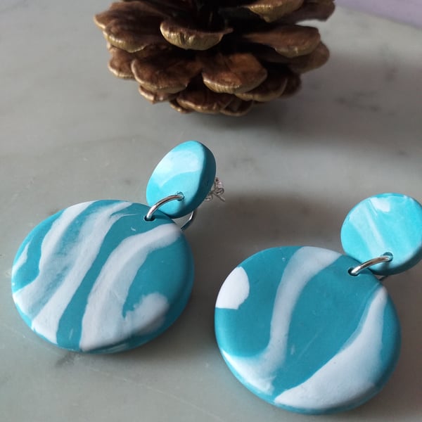 TURQUOISE AND WHITE DANGLE  POLYMER CLAY EARRINGS - - FREE UK POSTAGE
