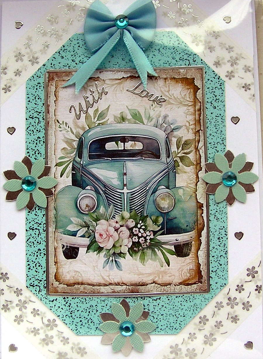 Blue Wedding Car Hand Crafted Decoupage Greeting Card - With Love - 3041