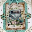 Blue Wedding Car Hand Crafted Decoupage Greeting Card - With Love - 3041