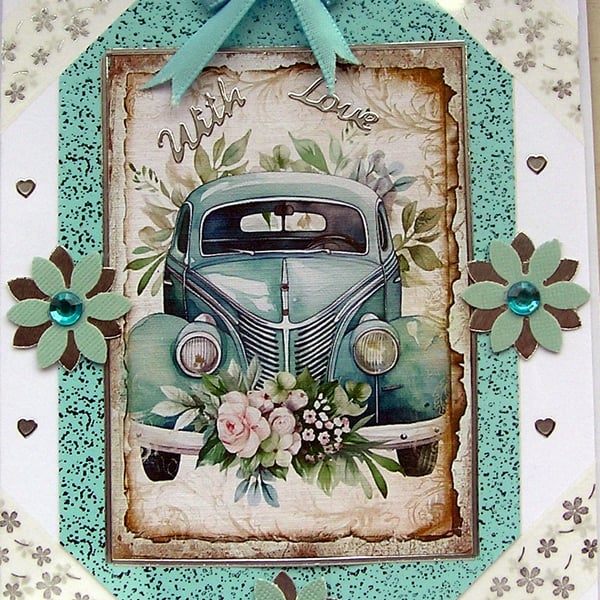 Blue Wedding Car Hand Crafted Decoupage Greeting Card - With Love - 3041