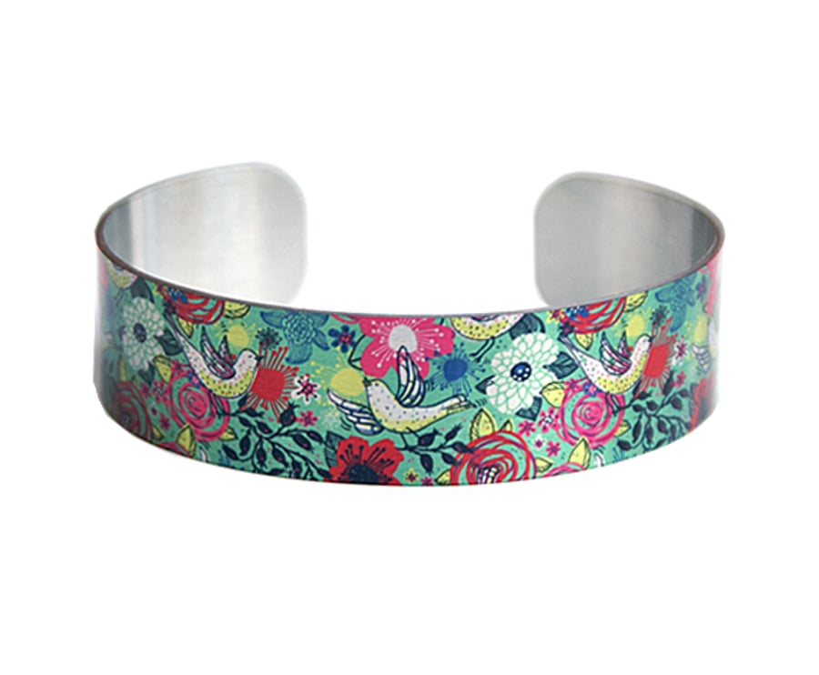 Bird jewellery cuff bracelet brushed silver and teal with doves, flowers. B327