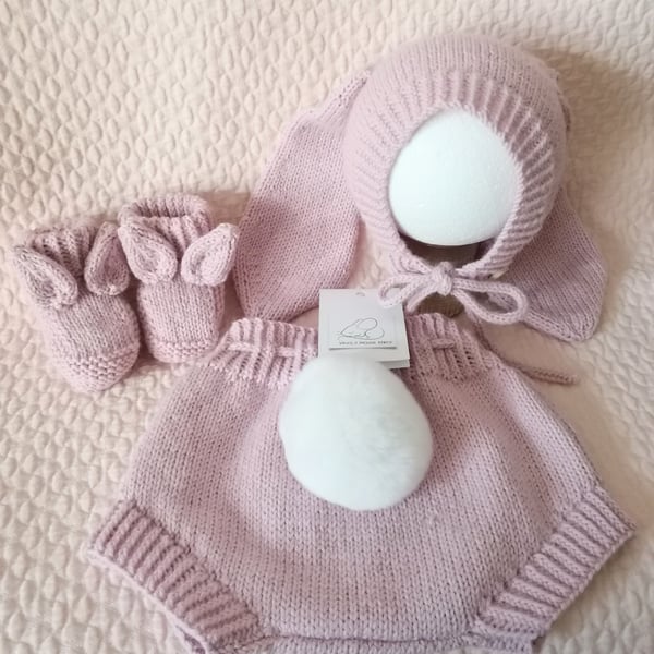 Hand knitted baby bunny set , bloomers, bonnet, booties 3-6 months
