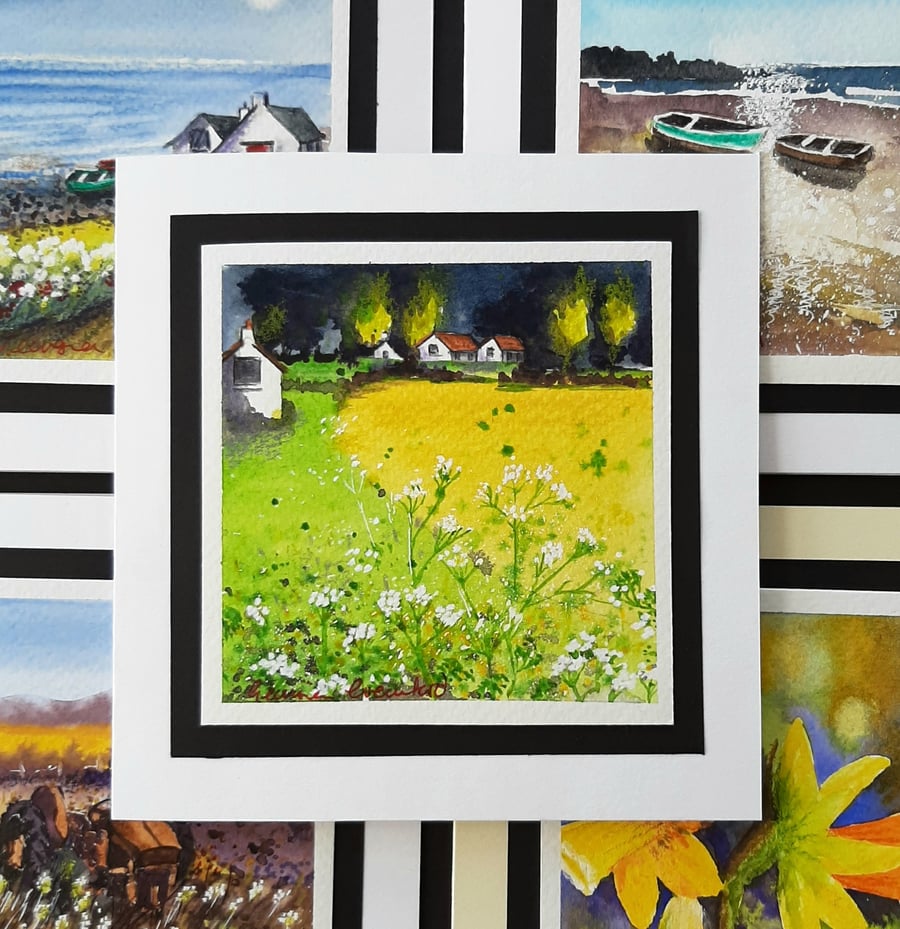 Blank Handpainted Card. Any Occasion Notelet. Of Stormy Spring Skies Wildflowers