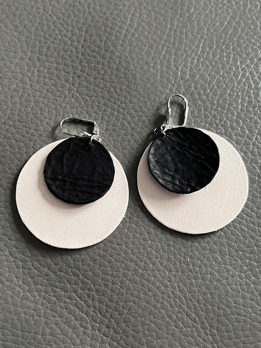 White and Black Leather Circle Earrings - Hand Cut Lightweight Statement Jewelle