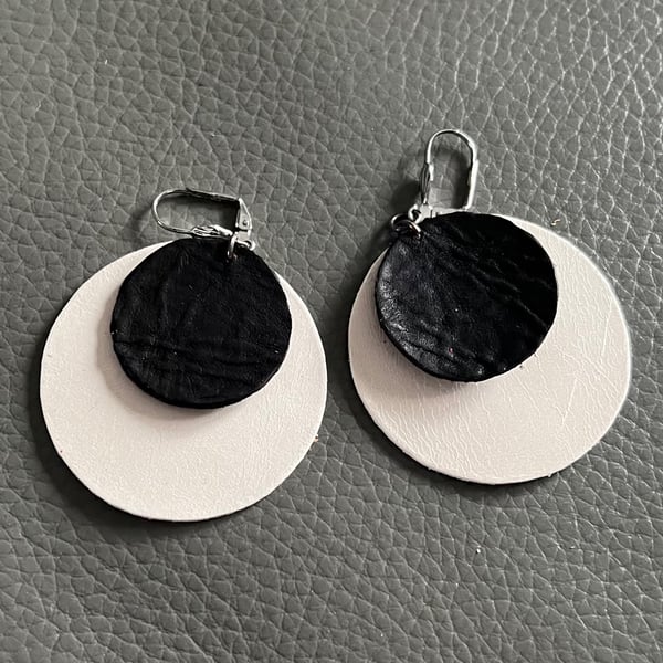 White and Black Leather Circle Earrings - Hand Cut Lightweight Statement Jewelle