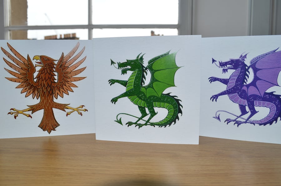 Eagle, green Dragon purple Dragon greetings cards blank printed cards