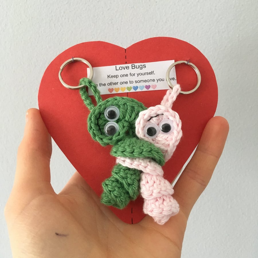 Green And Pink Crochet Love Bug Keyrings, Wedding Gift, Bride And Groom