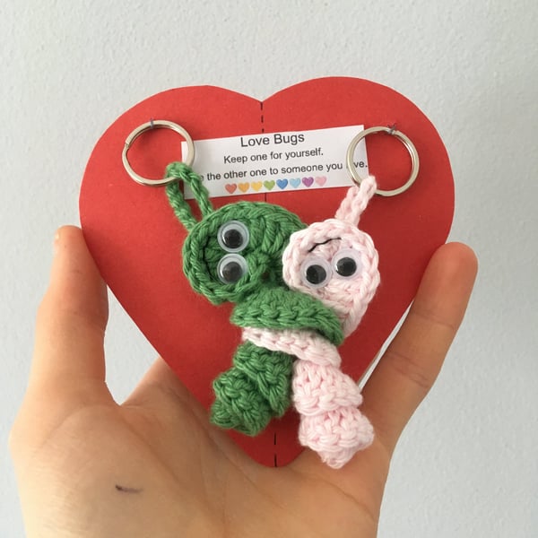 Green And Pink Crochet Love Bug Keyrings, Wedding Gift, Bride And Groom
