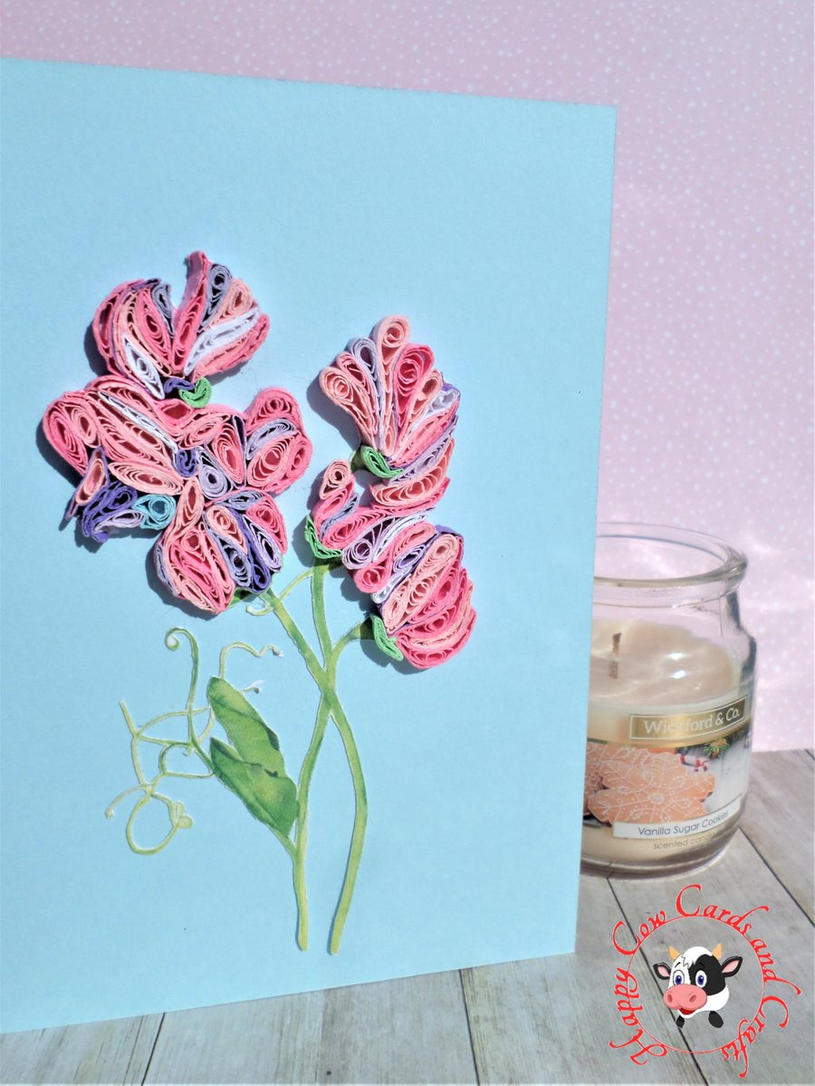 Striking hand made quilled sweet pea open card