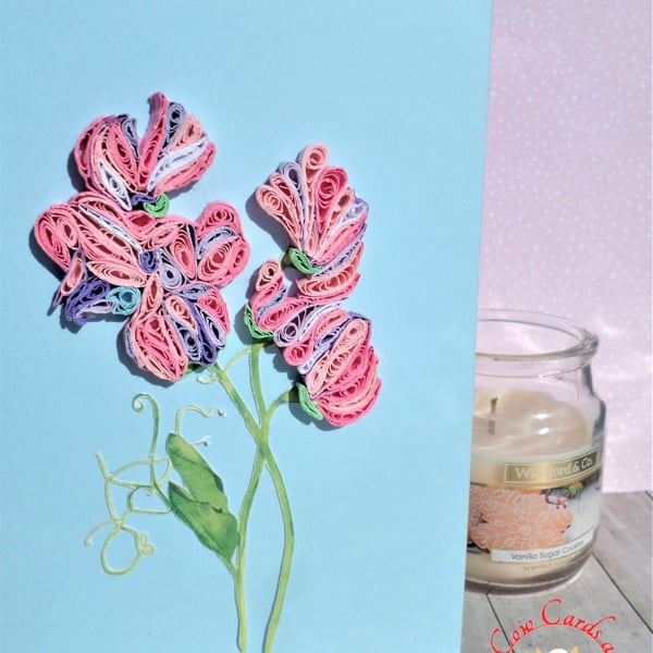 Striking hand made quilled sweet pea open card
