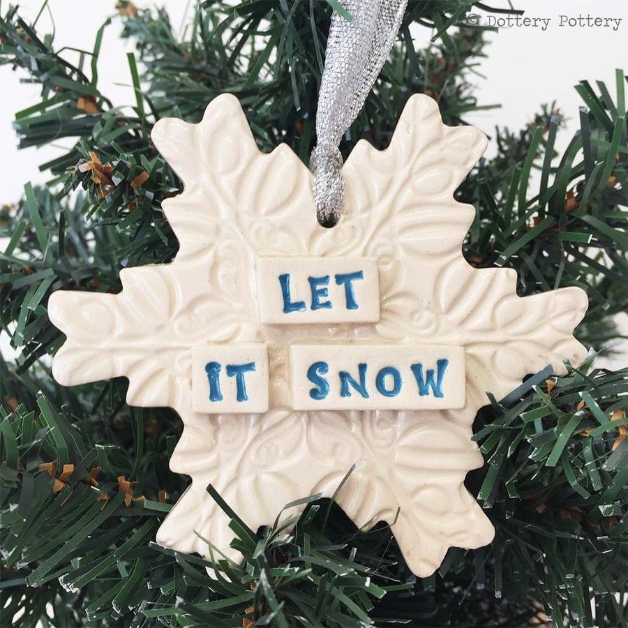 Ceramic snowflake decoration Let It Snow pottery snowflake christmas decoration