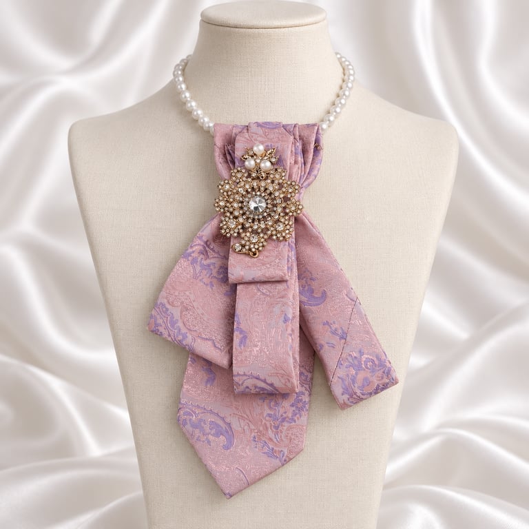 Vintage Rose Pearl Upcycled Necktie Statement Necklace