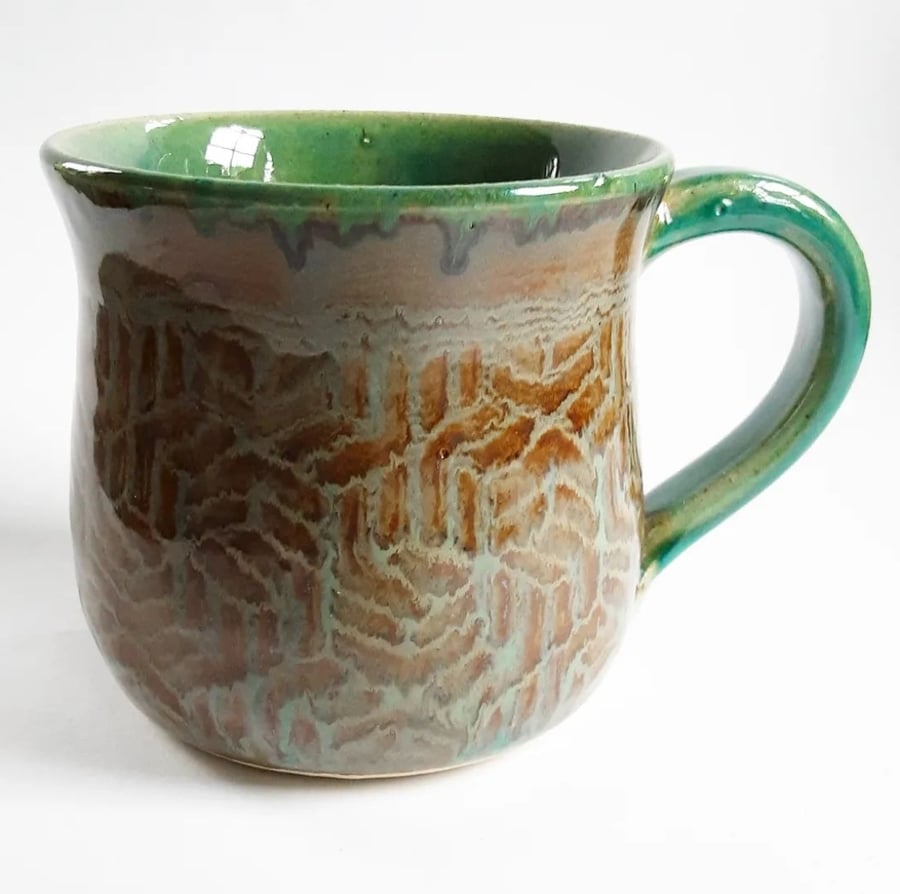 Green Patterned Glazed Mug - Hand Thrown Stoneware Ceramic Mug 