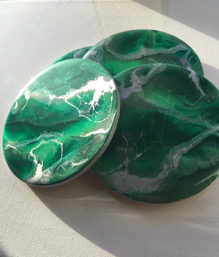 Shimmering green and silver, round coasters, heat, scratch resistant resin 