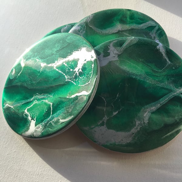 Shimmering green and silver, round coasters, heat, scratch resistant resin 