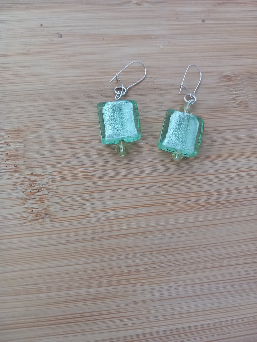 Green square glass beaded drop earrings for pierced ears