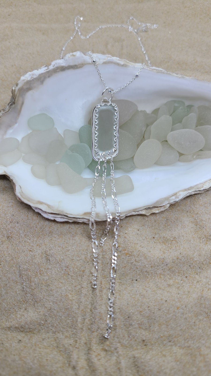 Light grey sea glass and silver jellyfish pendant P12