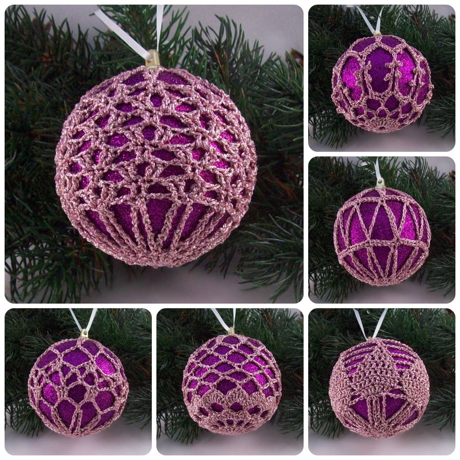 Christmas baubles boxed set of 6 large decorated with crochet lace (A5)