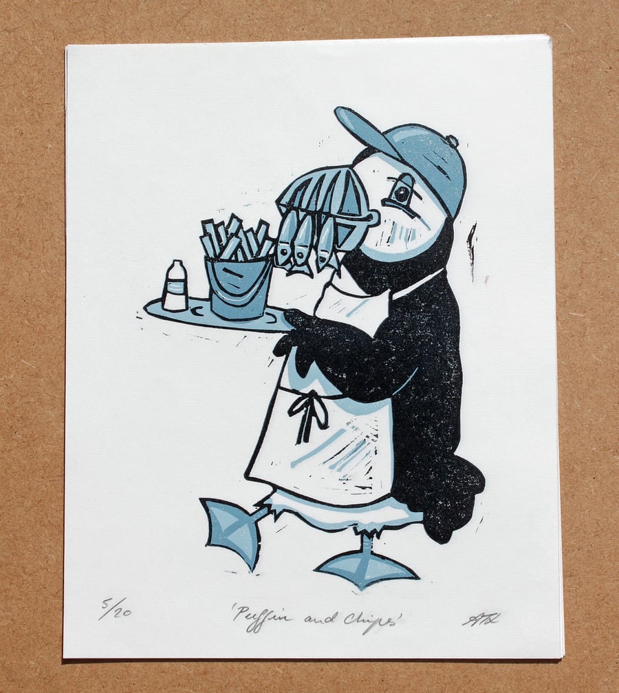Puffin and Chips Lino Print