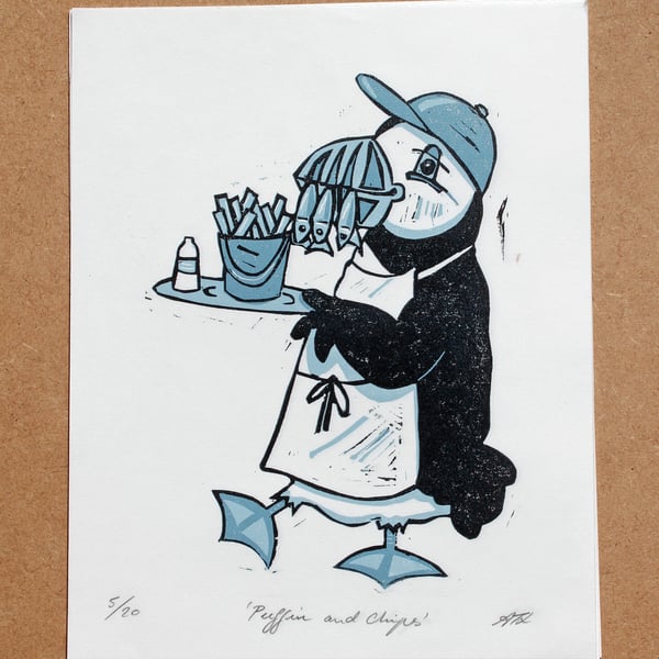 Puffin and Chips Lino Print