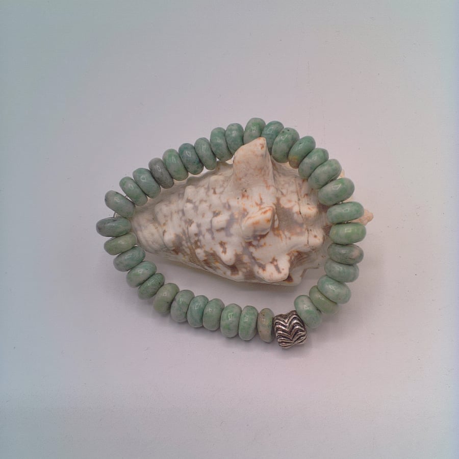 Green Howlite Stretch Bracelet with a Silver Plated Centre, Gift for Him