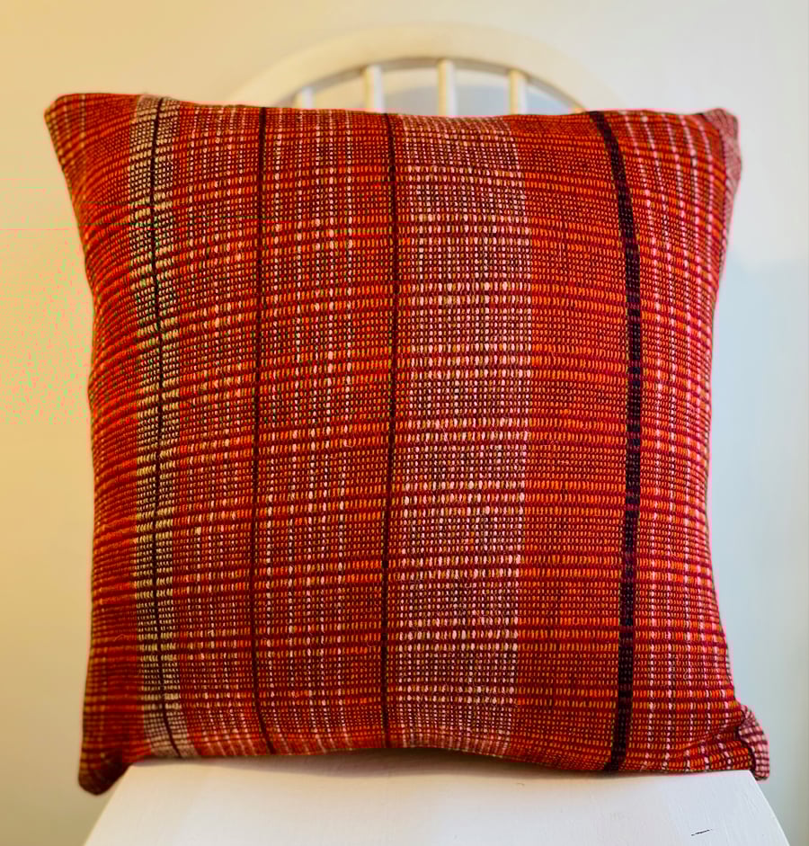 Autumn 3. Hand woven wool  cushion, designed and made by Yvonne Skelton