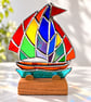 Stained Glass Sailboat On Wooden Stand Rainbow Yacht  Handmade gift  - Image 2