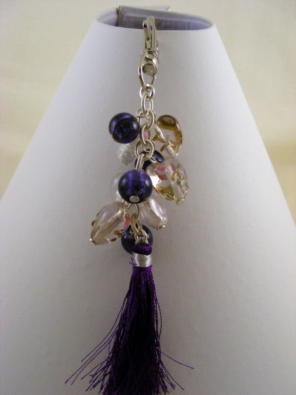 Purple Pink and Clear Glass Tassel Bag Charm