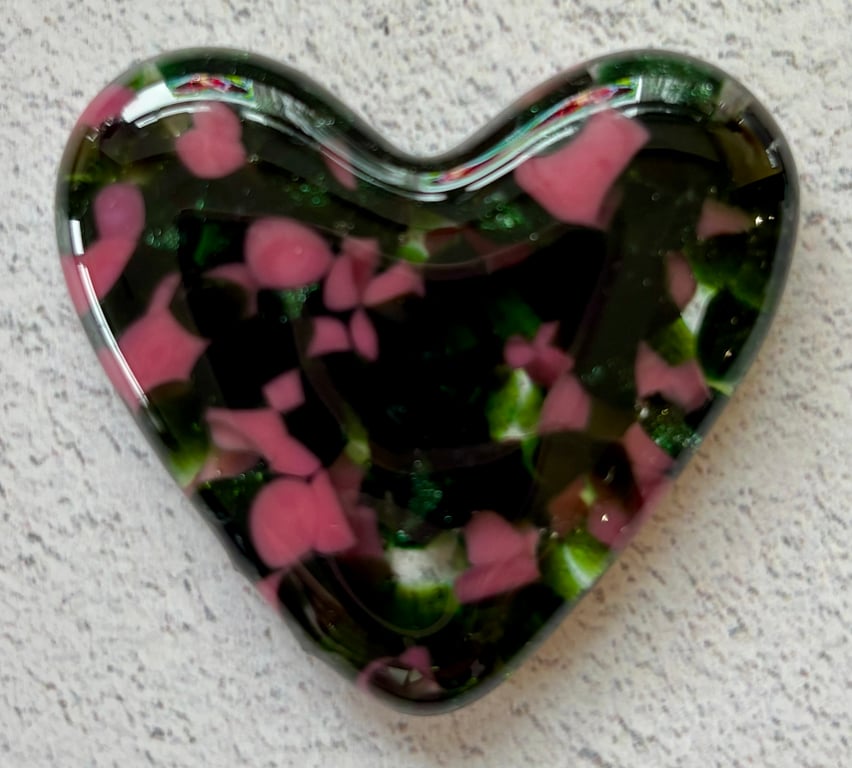 Fused glass love heart dusky rose and green mix
