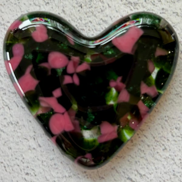 Fused glass love heart dusky rose and green mix