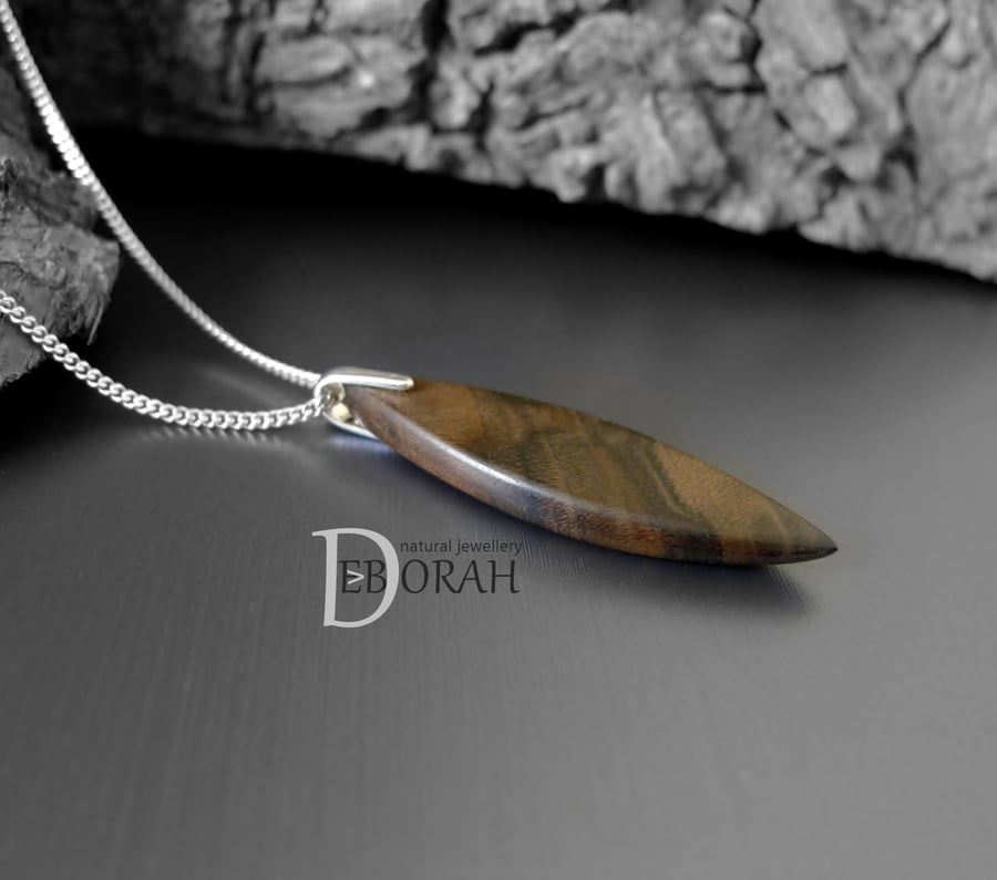 5 year Anniversary. Small Surfboard Pendant. Walnut Wood Sterling Silver Chain