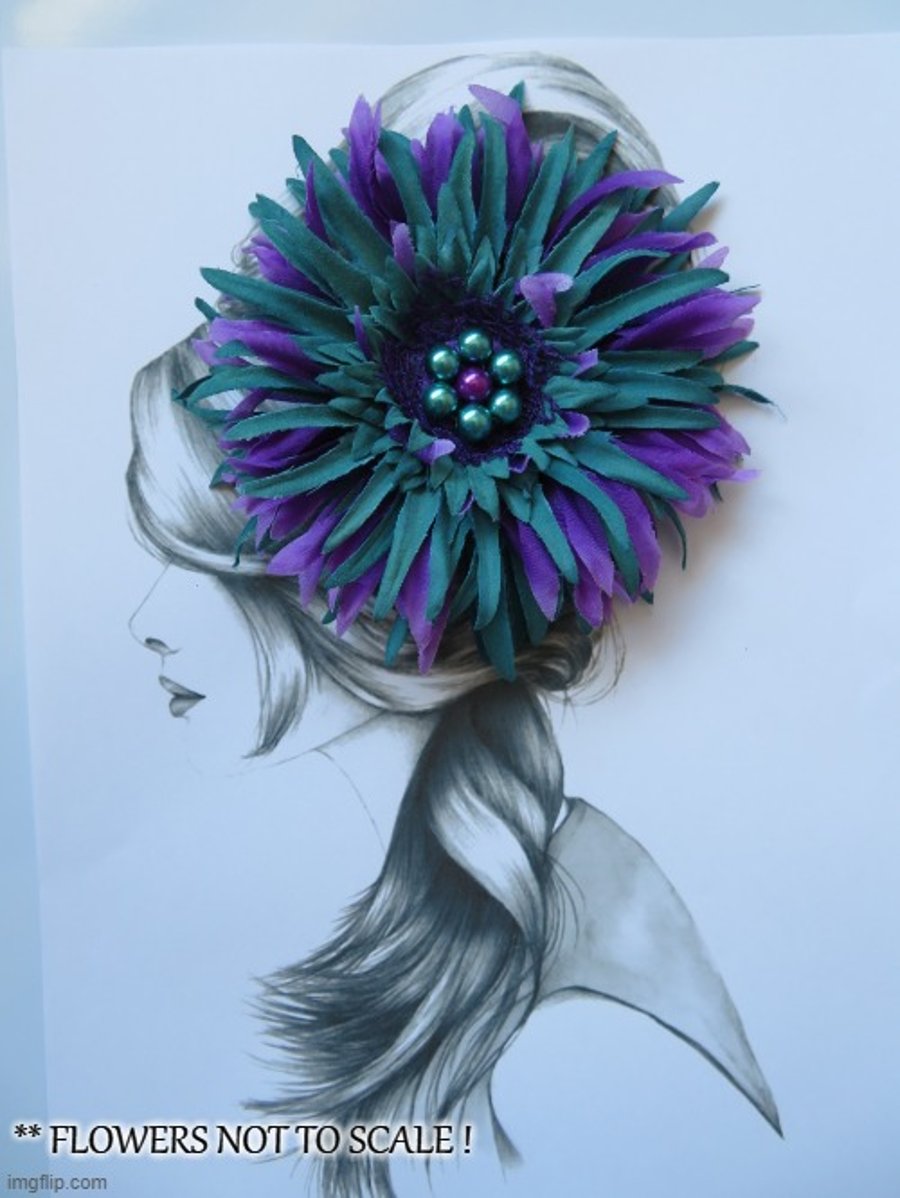 Purple & Teal Blue Shaggy Gerbera Daisy and Pearl Flower Hair Clip 