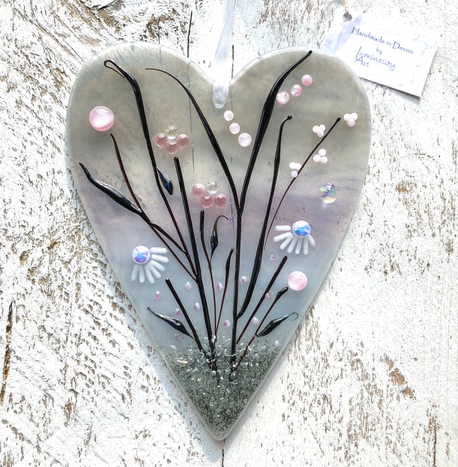 Glass Meadow Heart with Delicate Pink Flowers