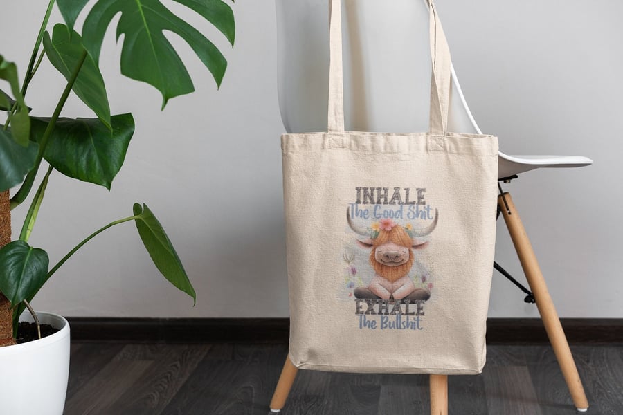 Highland Cow does Yoga printed tote bag, shopping bag great gift