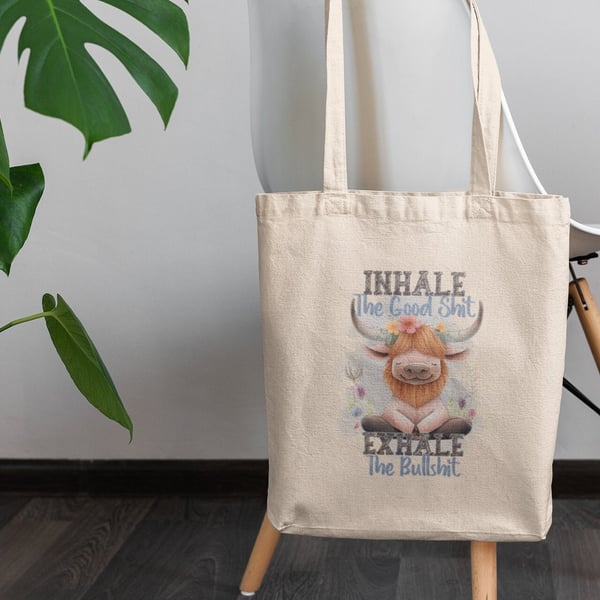 Highland Cow does Yoga printed tote bag, shopping bag great gift