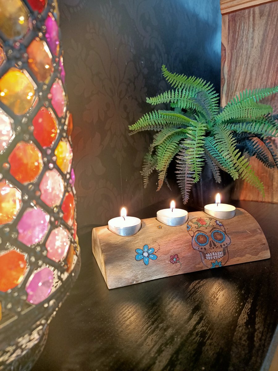 Day of The Dead inspired skull wooden oak candle tealight holder