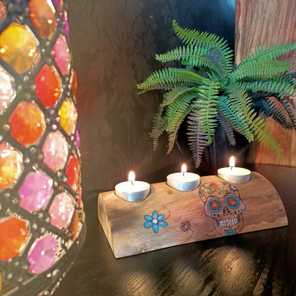 Day of The Dead inspired skull wooden oak candle tealight holder