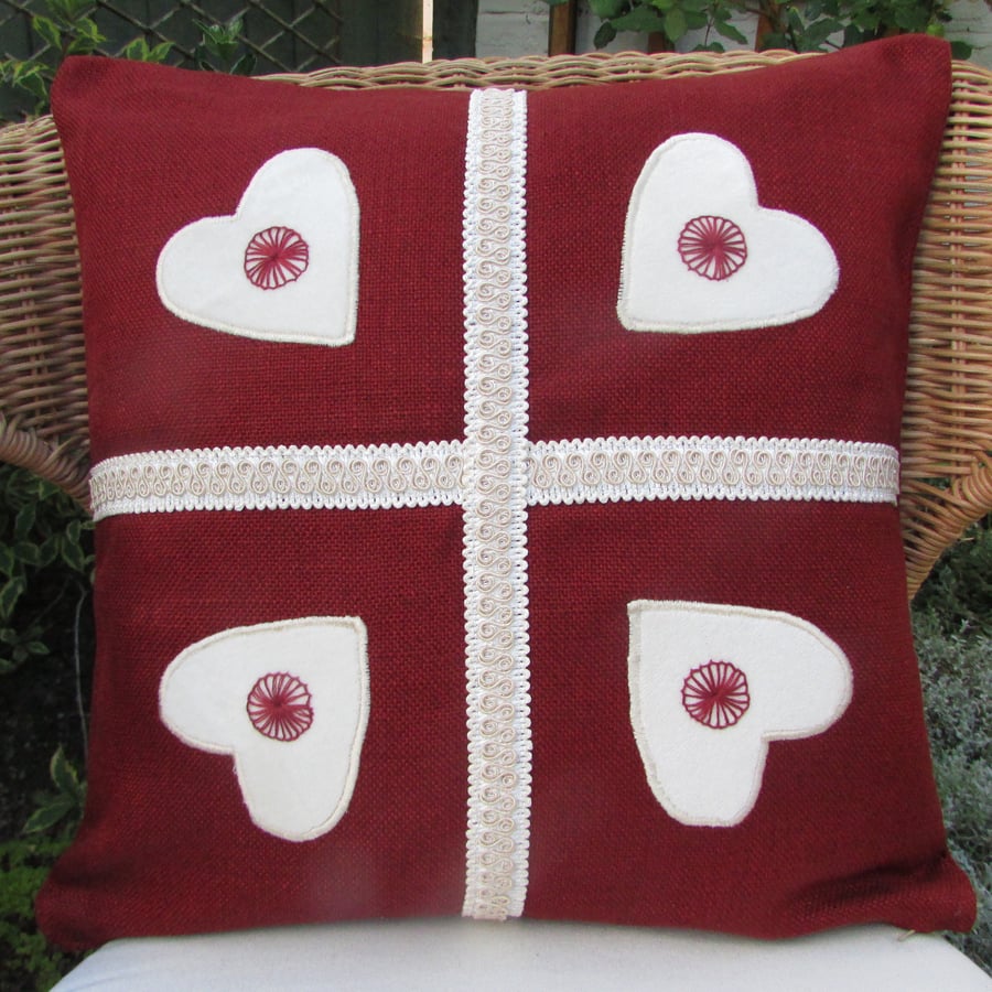 SALE - Red and cream hearts applique cushion