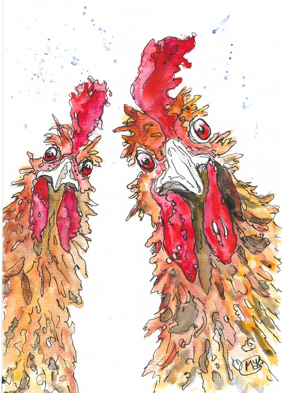 Two Roosters being curious, original painting